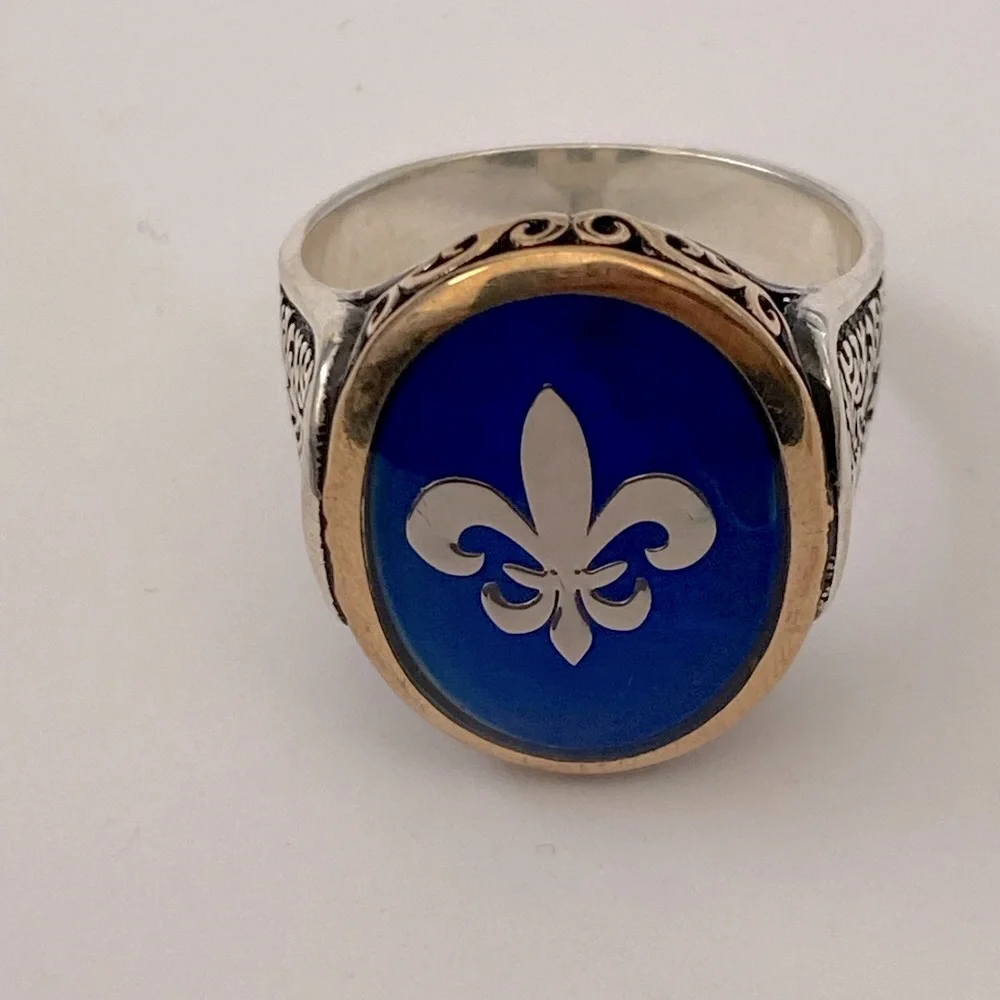 925 Sterling silver fleur de lis blue ring